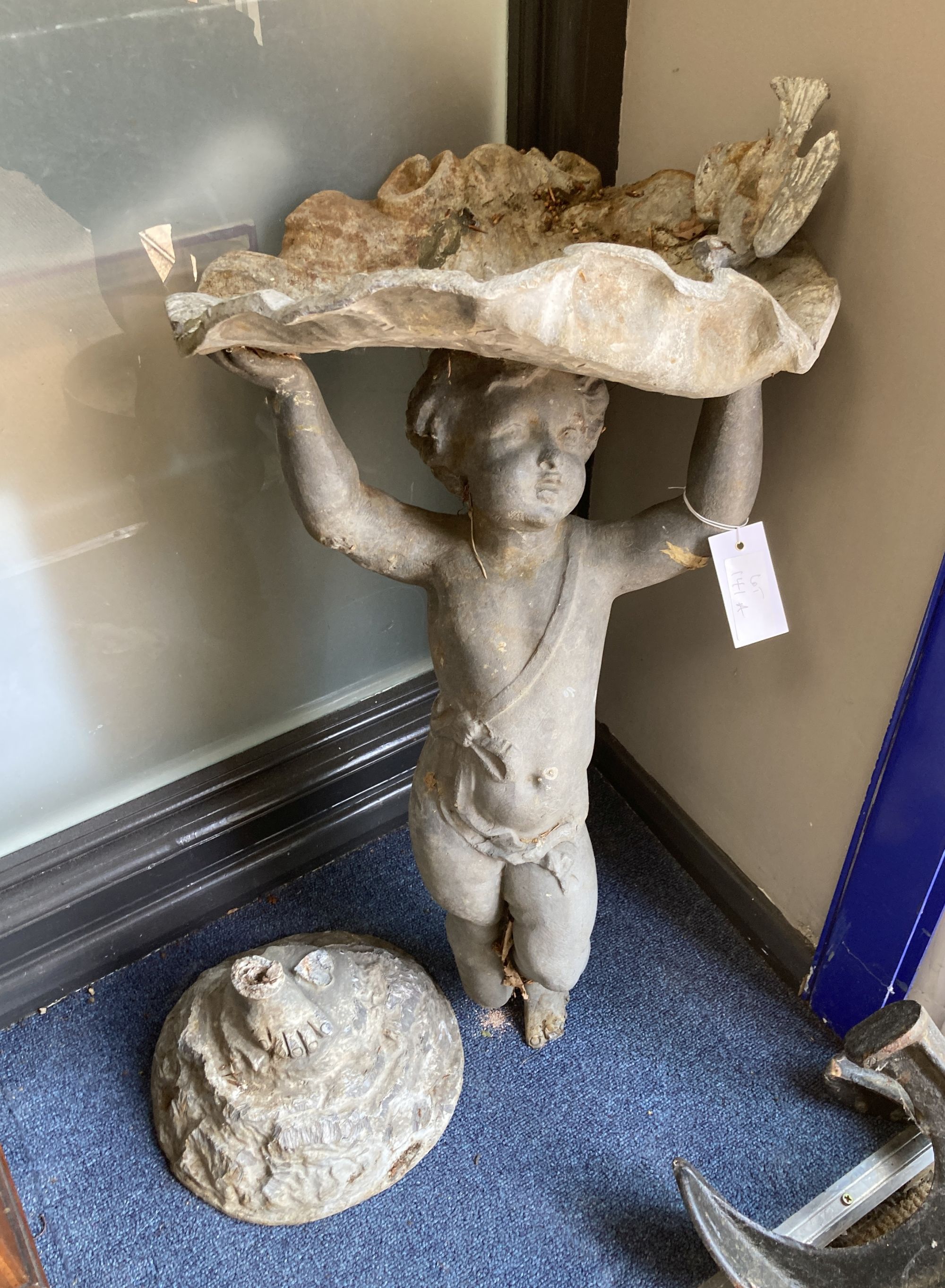 A Victorian lead figural and scallop shell bird bath a.f., height 80cm
